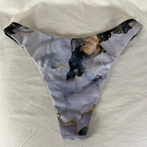 Grey and Navy Blue Marble Print High Rise Cheeky Bikini Bottoms Small - Picture 2 of 8